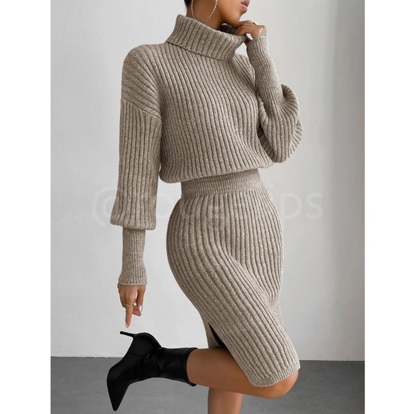 Khaki Cable Knit Long Sleeve Dress  Turtleneck Drop Shoulder, Long Sleeve - Picture 1 of 8